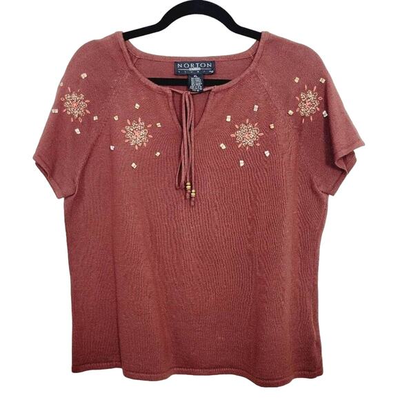 Norton Studio Womens Petite Large Brown Boho Embroidered Short Sleeve Knit Top - Picture 1 of 12